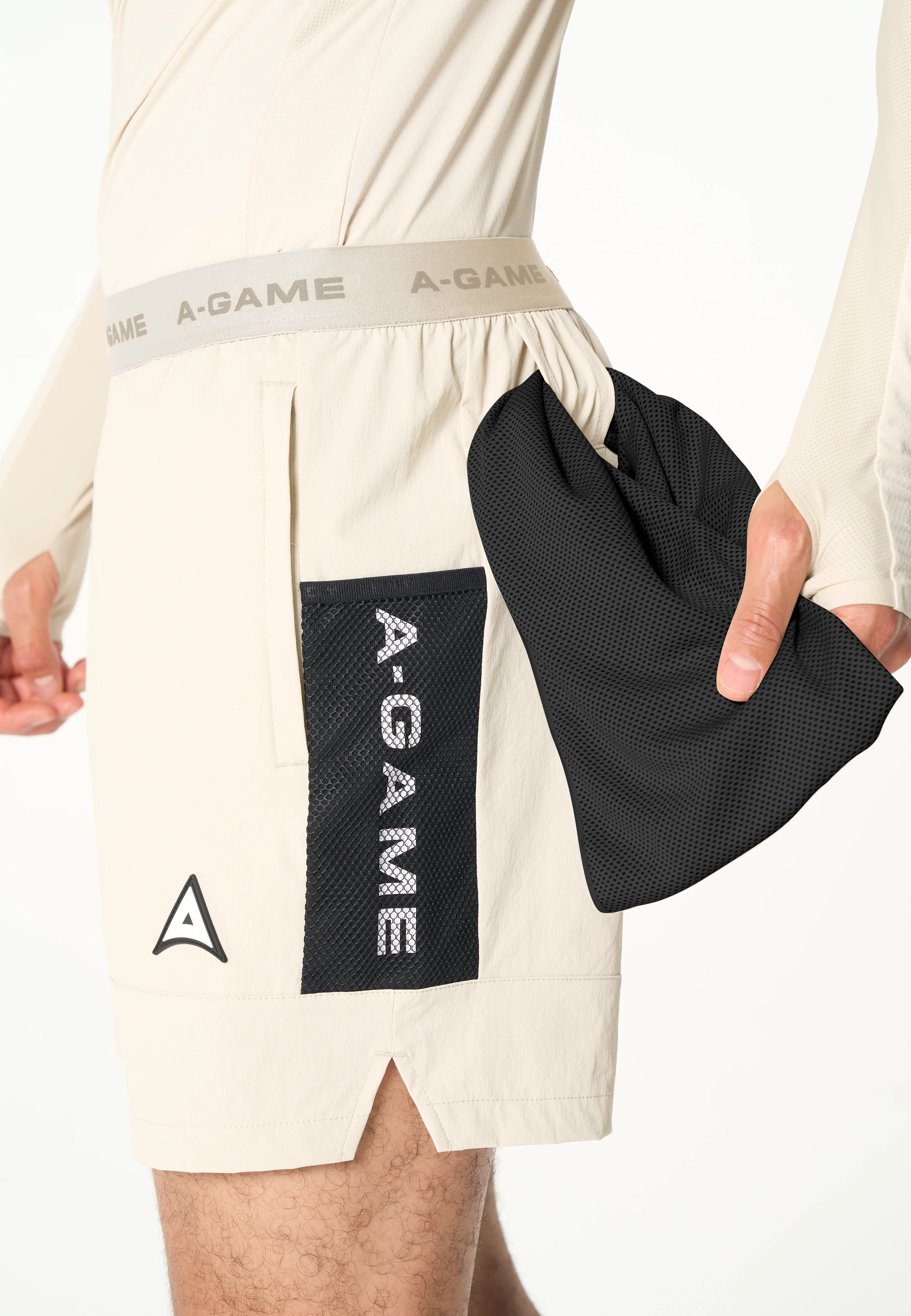 Men's Colour Block Training Shorts - Beige / Black - Image 2