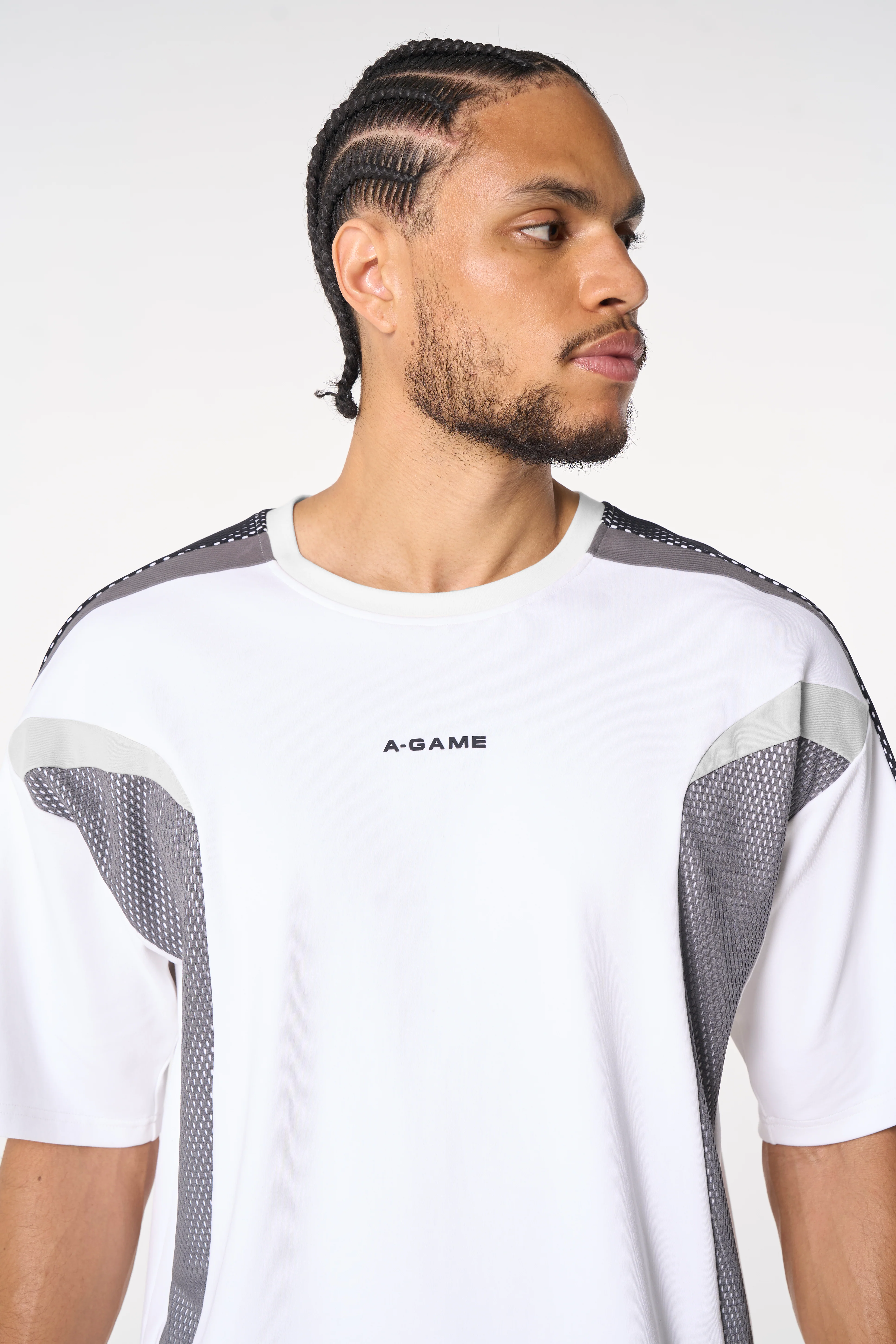 Men's Panelled Mesh Sport T-Shirt - White / Charcoal - Image 6