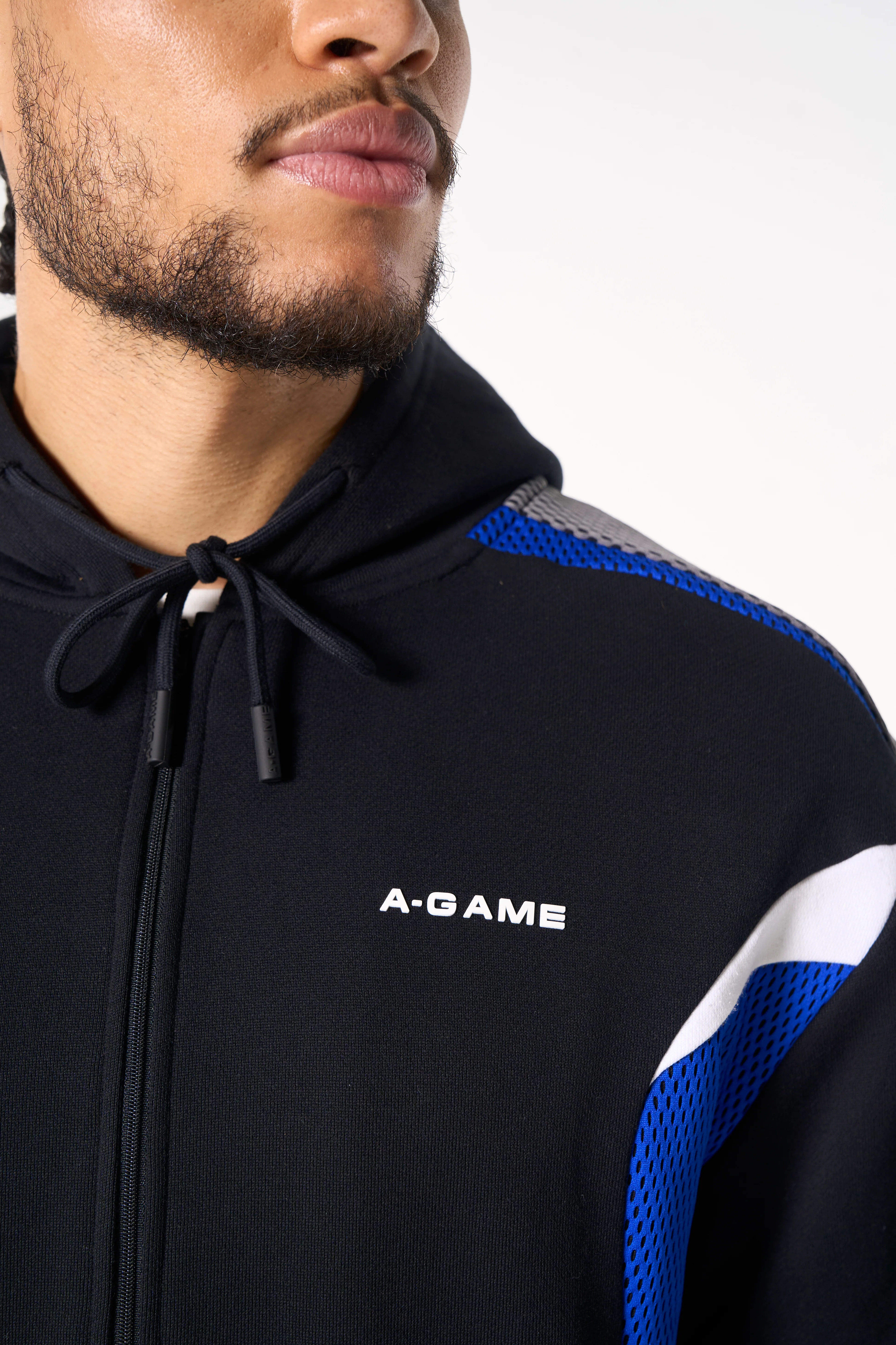 Men's Panelled Mesh Sport Zip Through Hoodie - Black / Cobalt Blue - Image 3