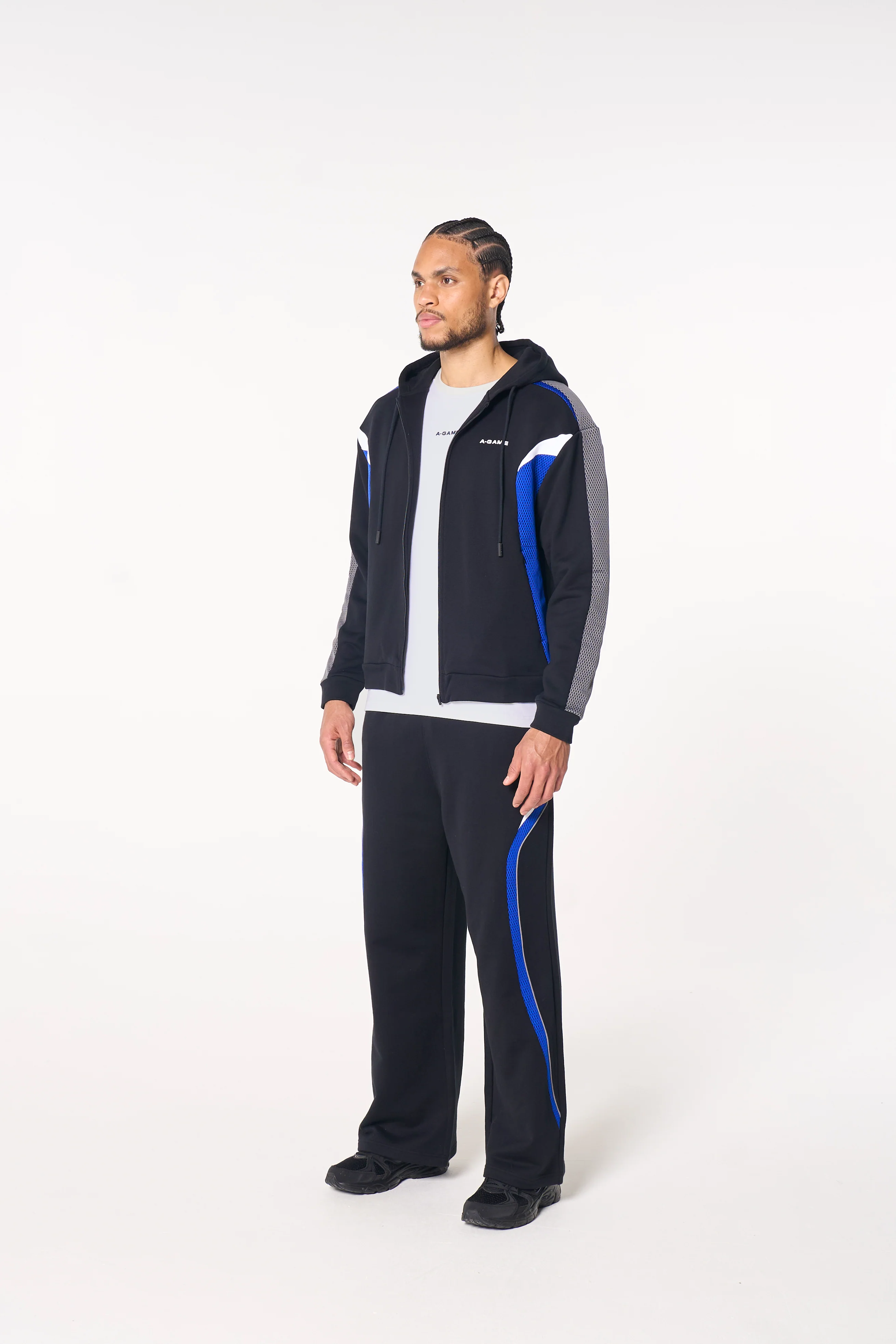 Men's Panelled Mesh Sport Zip Through Hoodie - Black / Cobalt Blue - Image 6