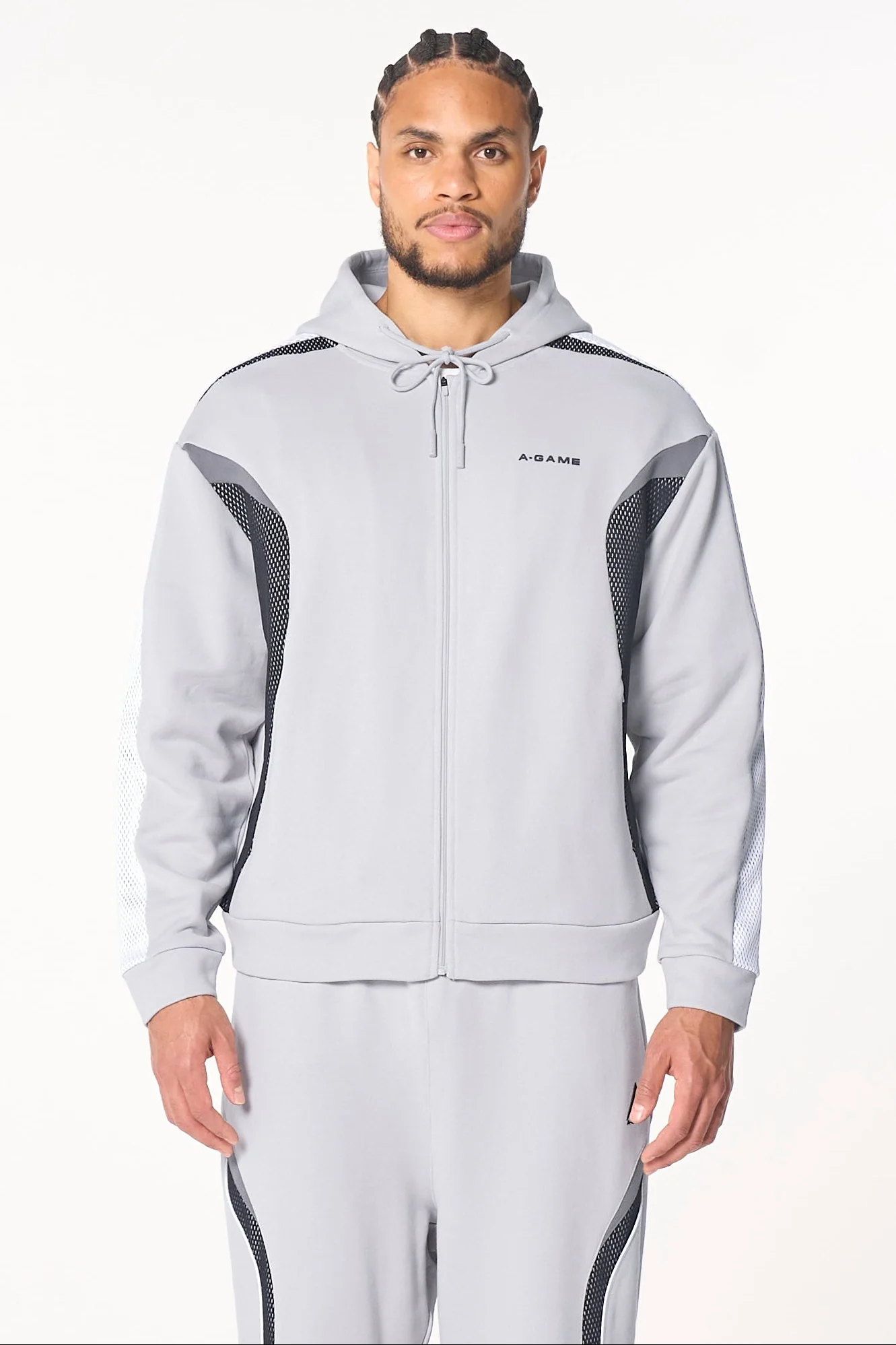 Men's Panelled Mesh Sport Zip Through Hoodie - Grey / Black