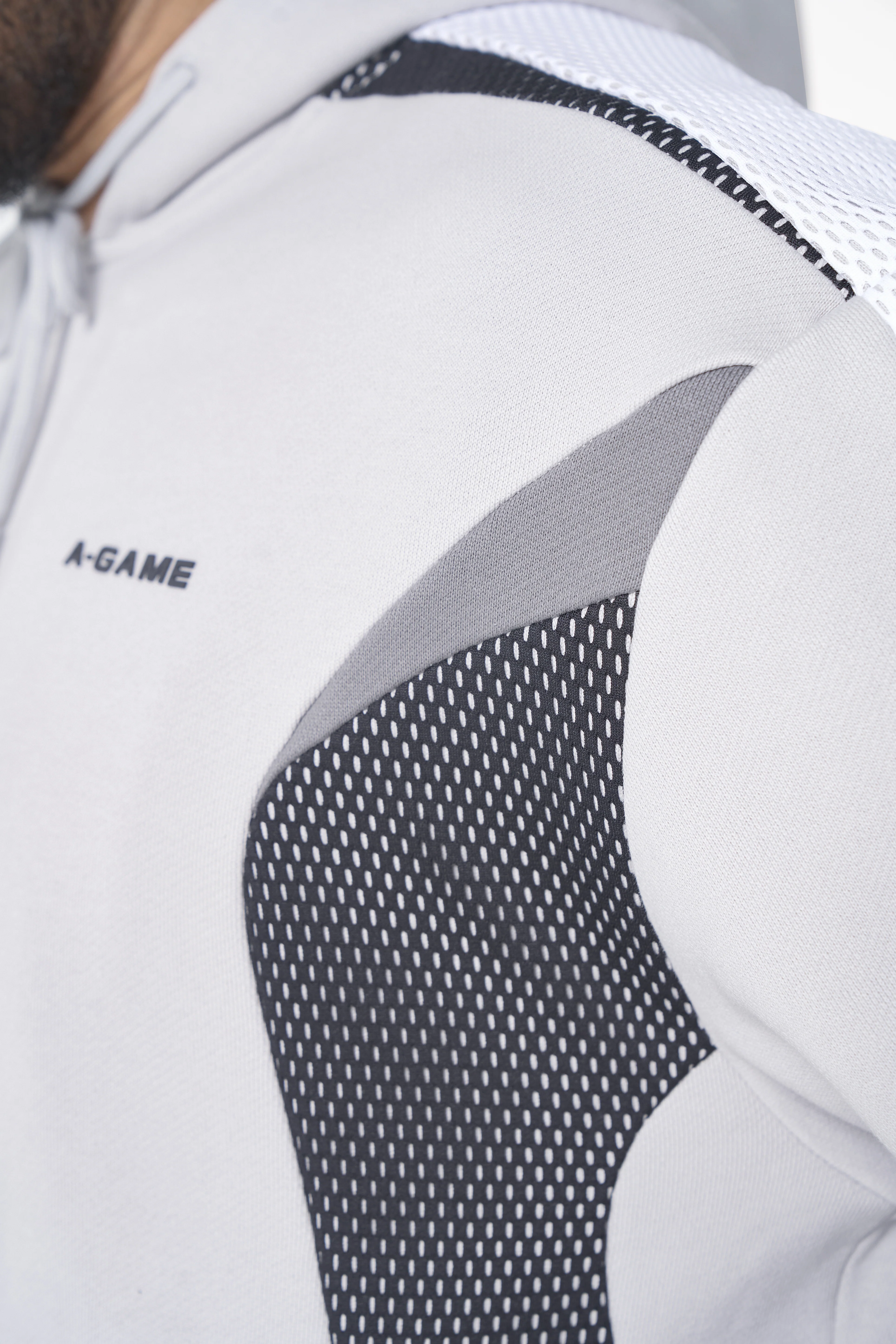 Men's Panelled Mesh Sport Zip Through Hoodie - Grey / Black - Image 3