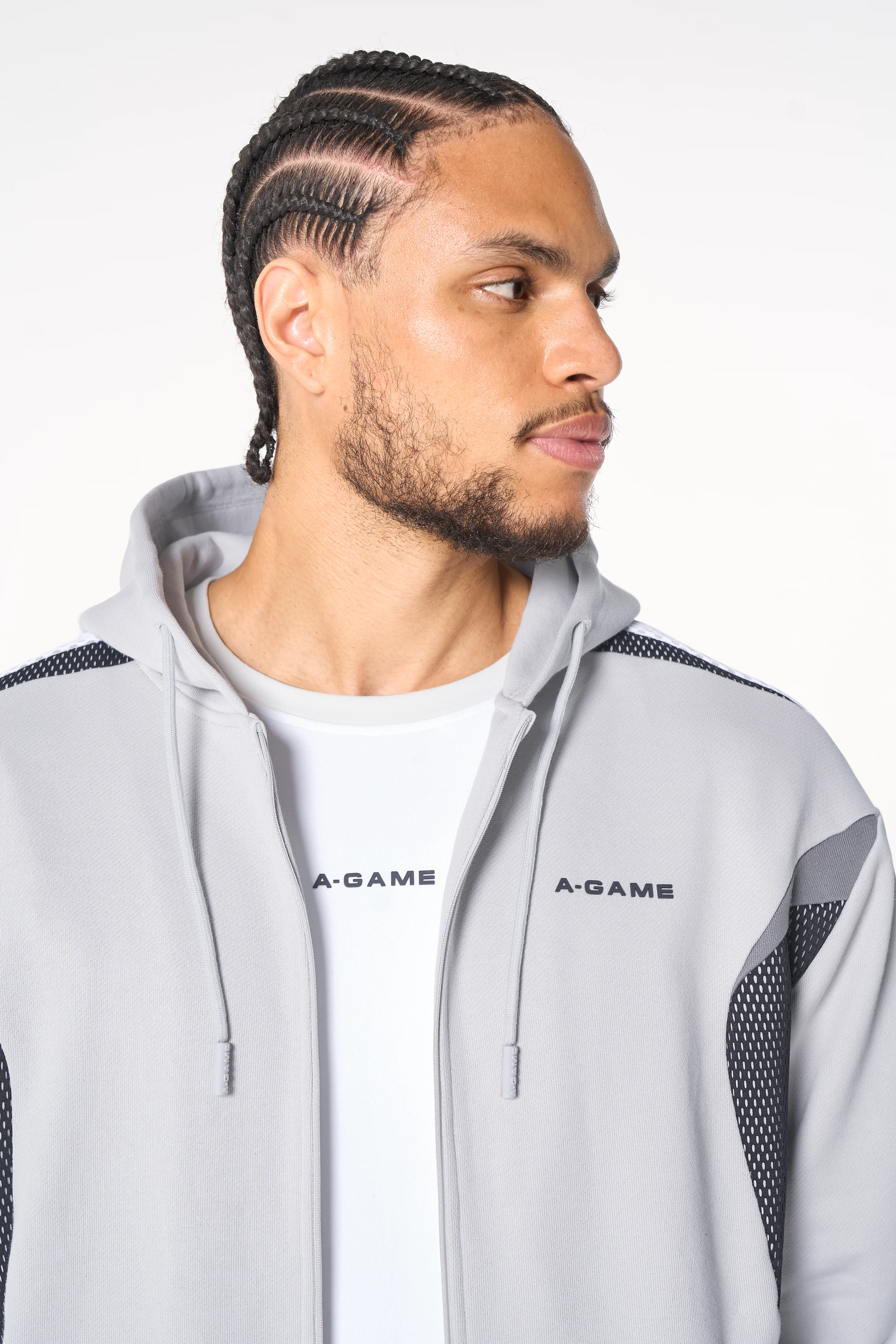 Men's Panelled Mesh Sport Zip Through Hoodie - Grey / Black - Image 6