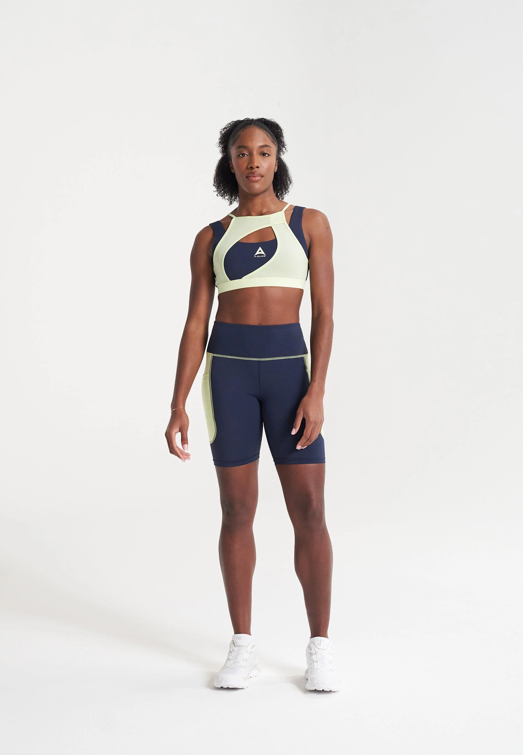 Women's High Rise Biker Shorts - Navy/Lime - Image 3
