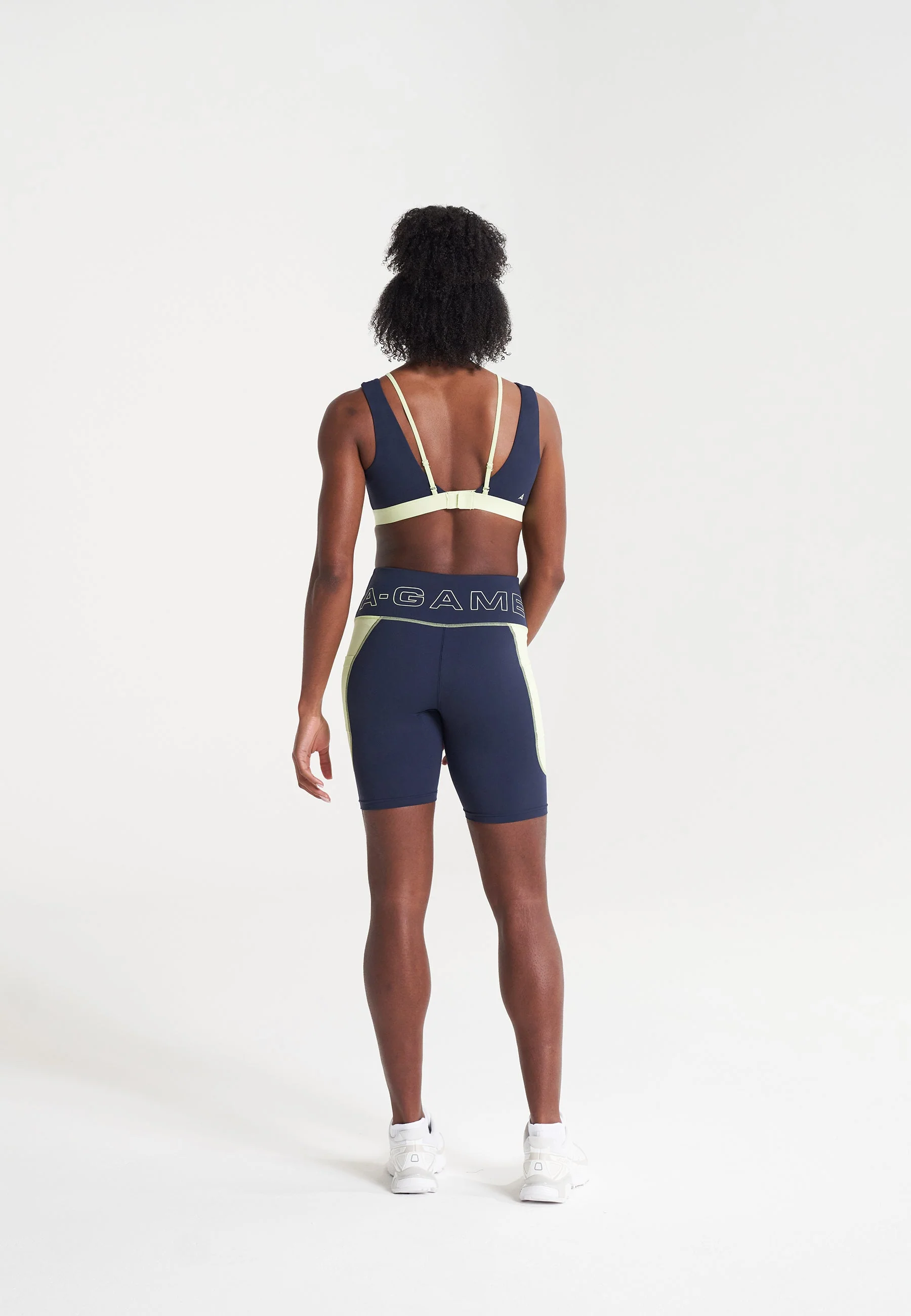 Women's High Rise Biker Shorts - Navy/Lime - Image 4