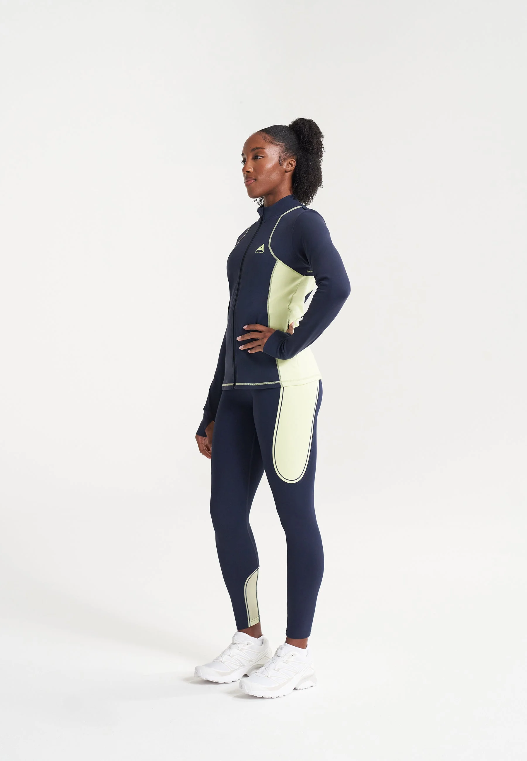 Women's Reflective Running Leggings - Navy/Lime - Image 3